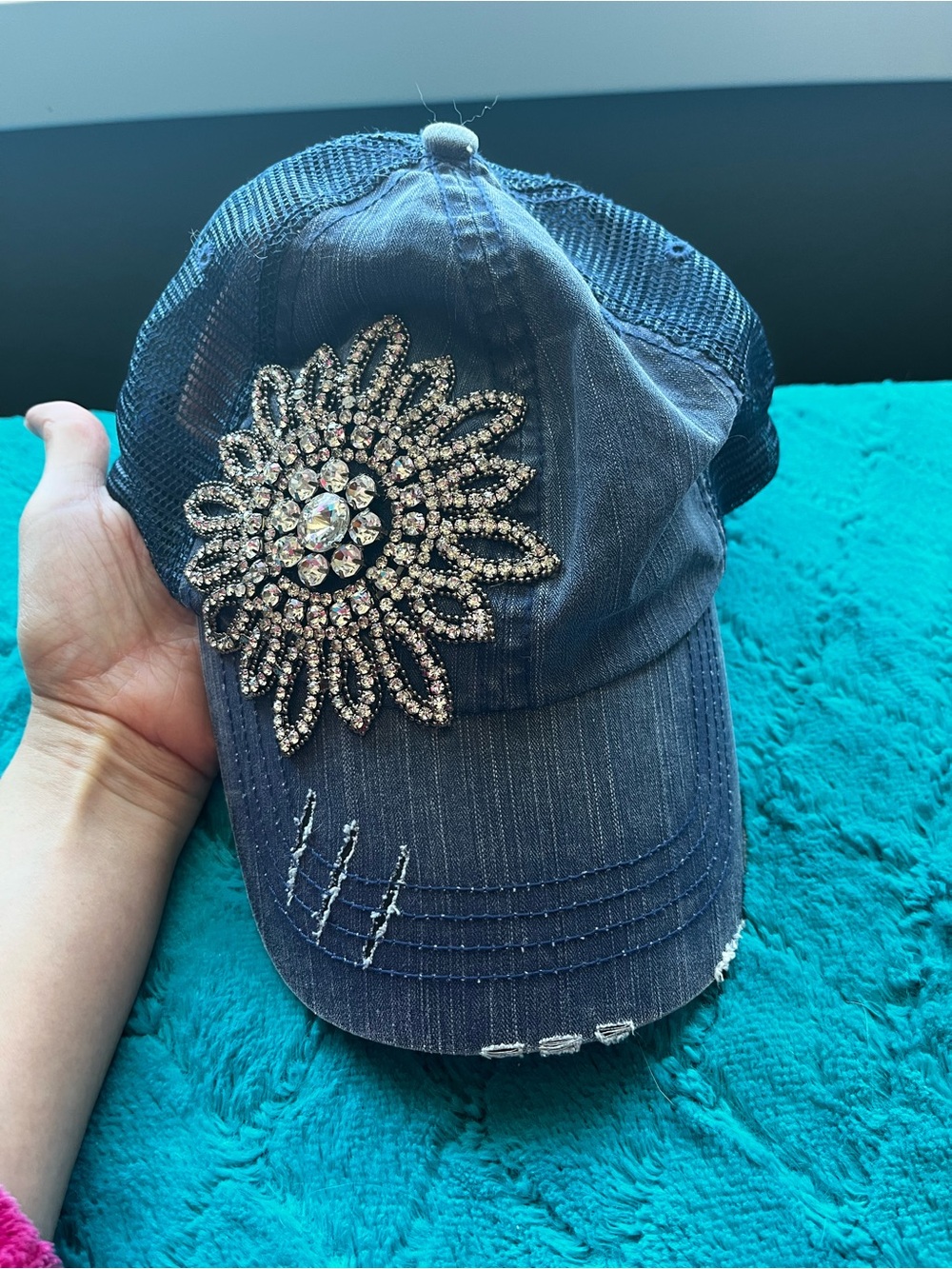 Crystal Embellished Women's Denim Mesh Baseball Cap